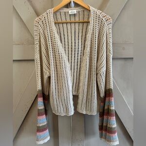 New’n Boutique Boho Open Knit Cardigan Bell Sleeve Striped Cuffs Medium